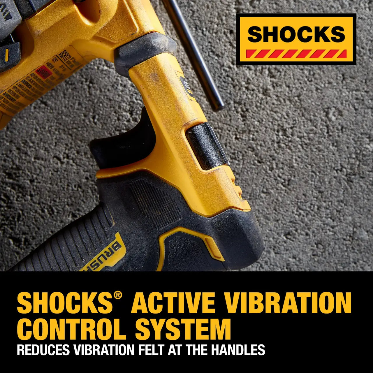 Yellow and black power drill with 'SHOCKS' active vibration control system feature on a gray background.