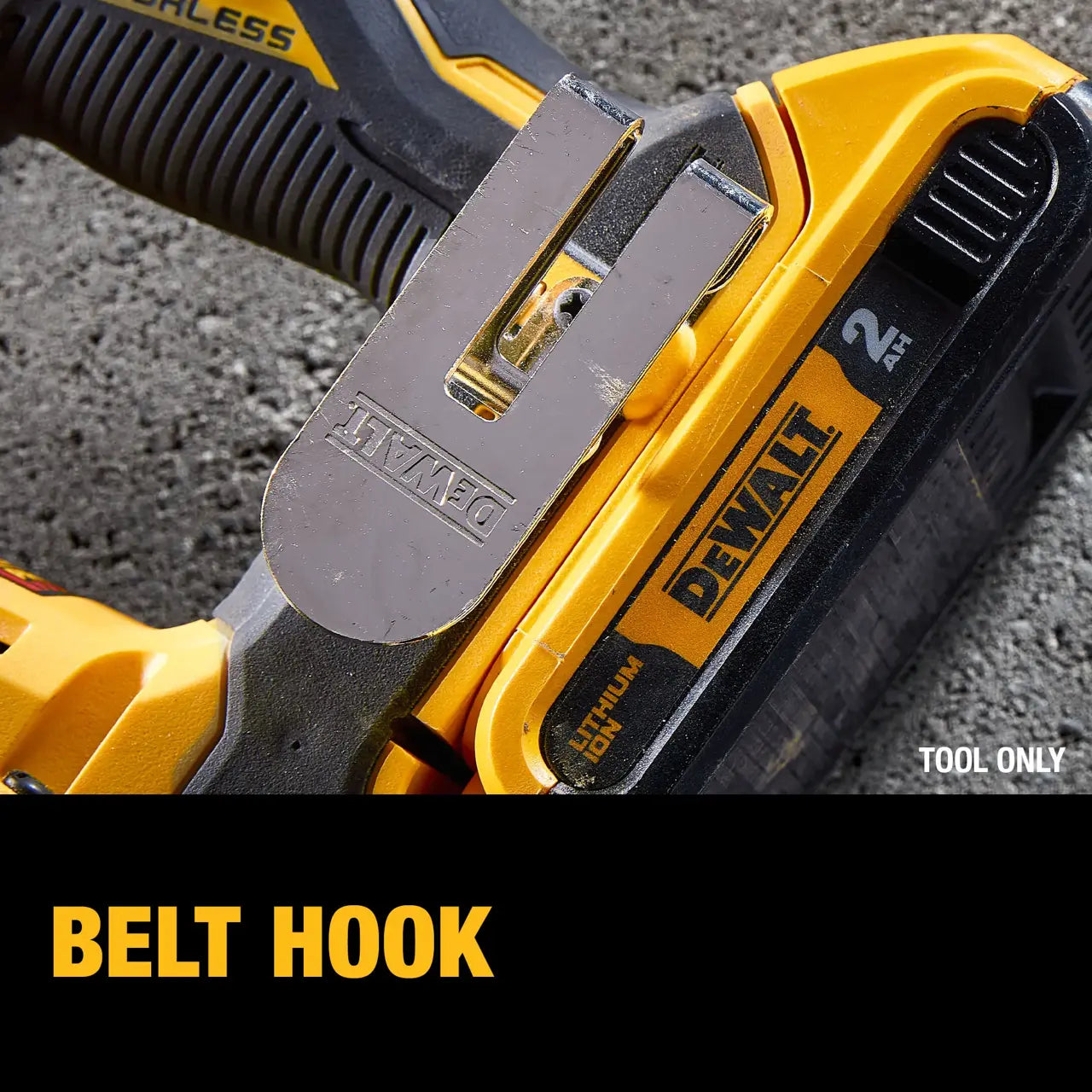 DeWalt belt hook tool on a textured surface with 'Tool Only' text.