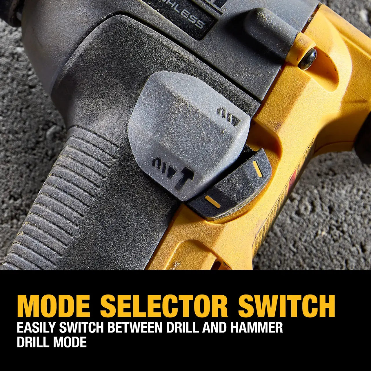 Close-up of a power drill with mode selector switch on a textured surface