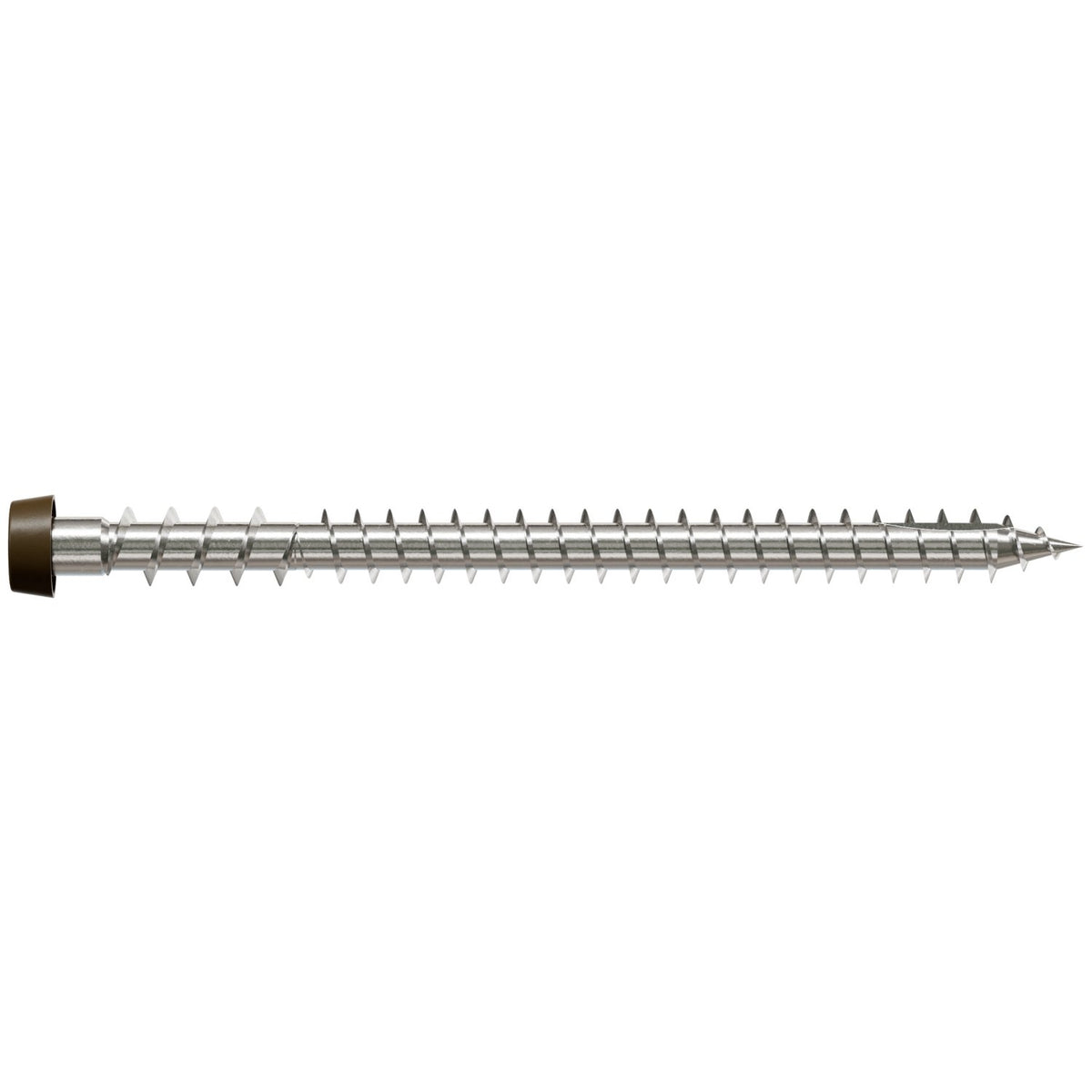 A single metal screw shown horizontally on a plain white background, with a dark brown wood-toned head visible on the left end.