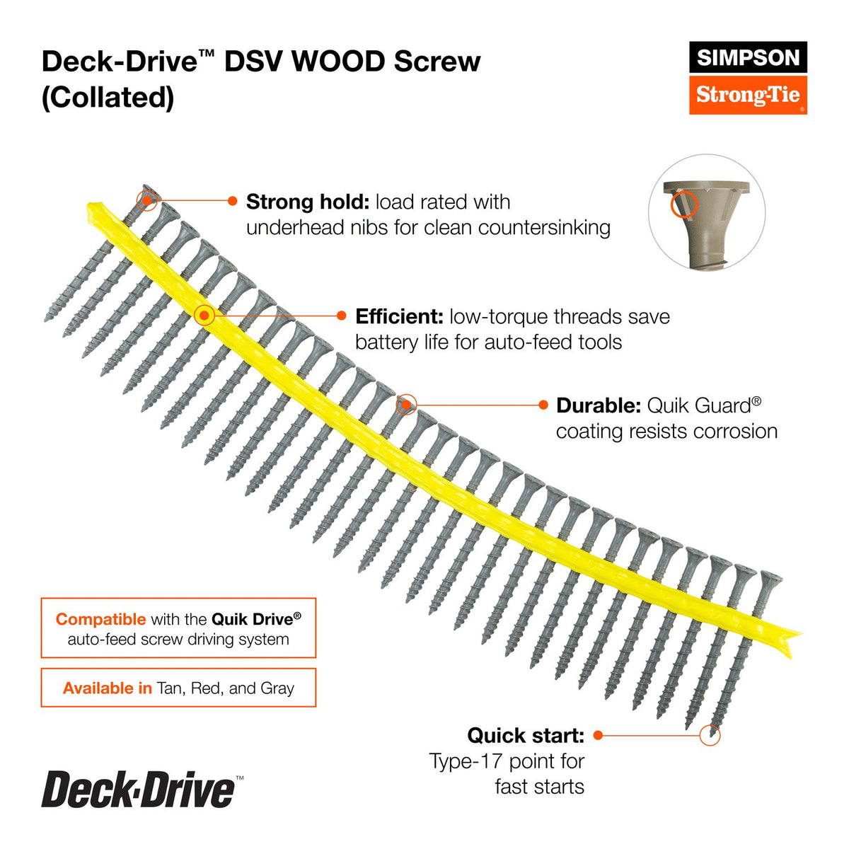 Simpson StrongTie Deck-Drive DSV Wood Screw with features highlighted on a white background