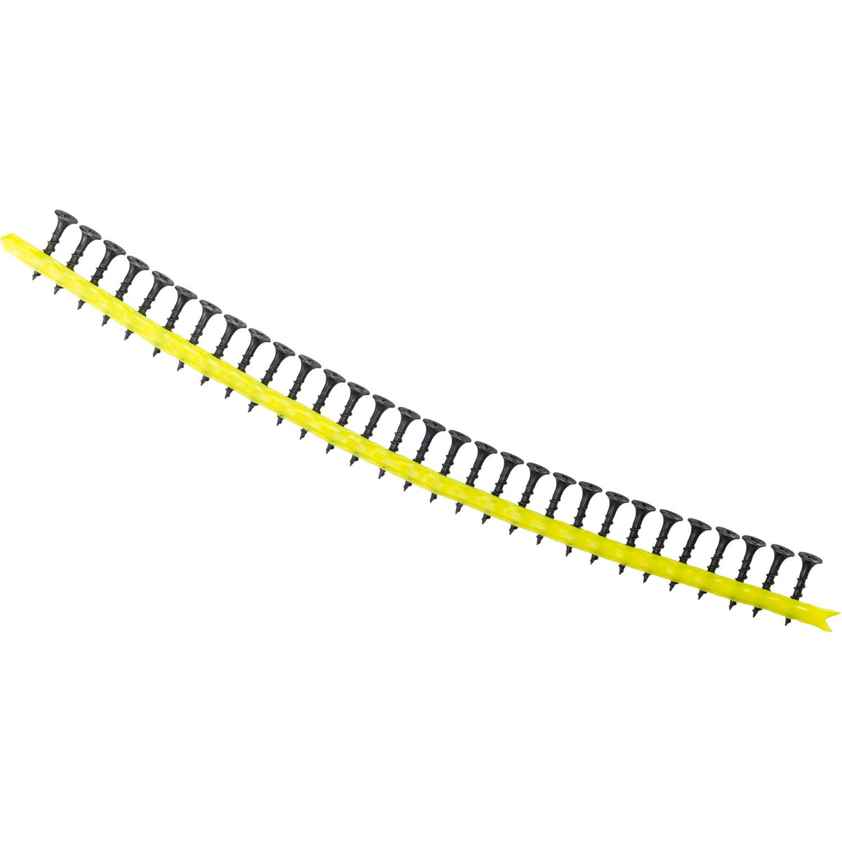 A curved yellow strip of screws or pins, photographed on a plain white background.