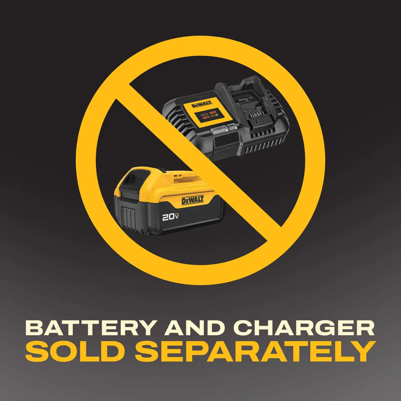 DeWalt battery and charger with a 'not allowed' symbol on a black background