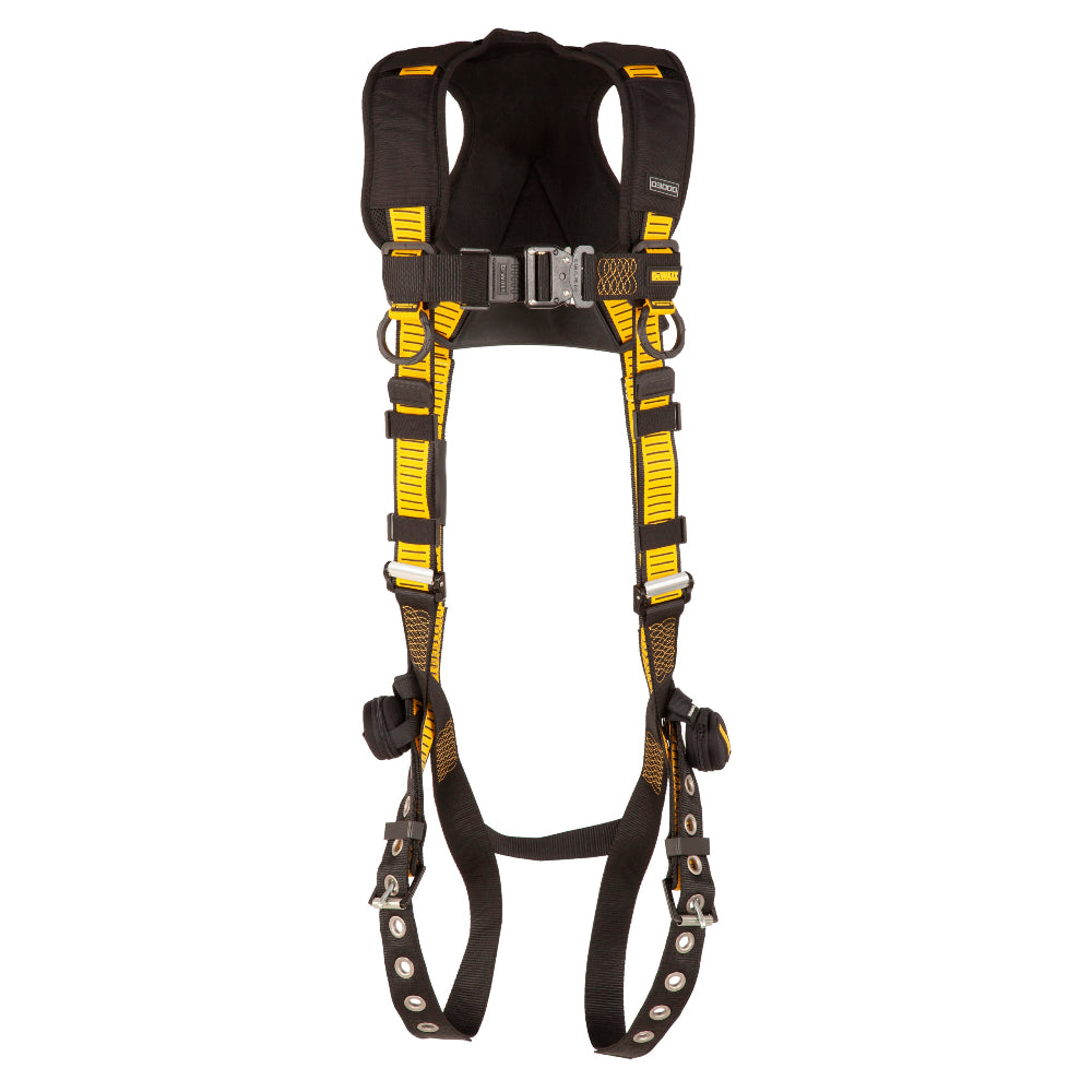 Black and yellow safety harness on a white background