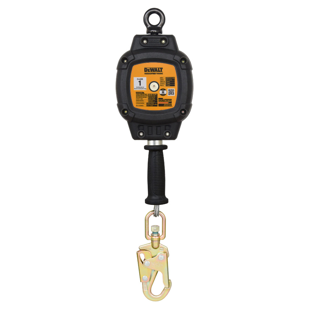 DeWalt fall protection device with a black and yellow design on a white background