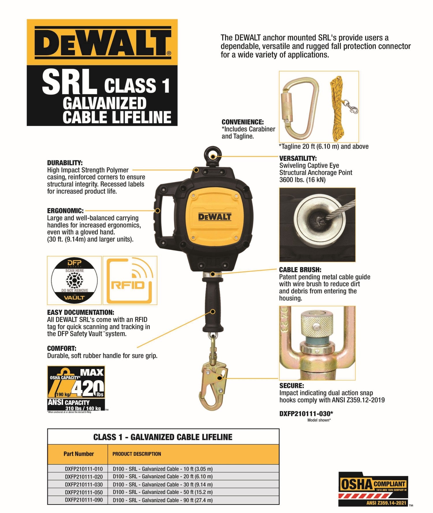 DeWALT 10 Feet Self Retracting Lifeline - Galvanized Cable DXFP210111-010