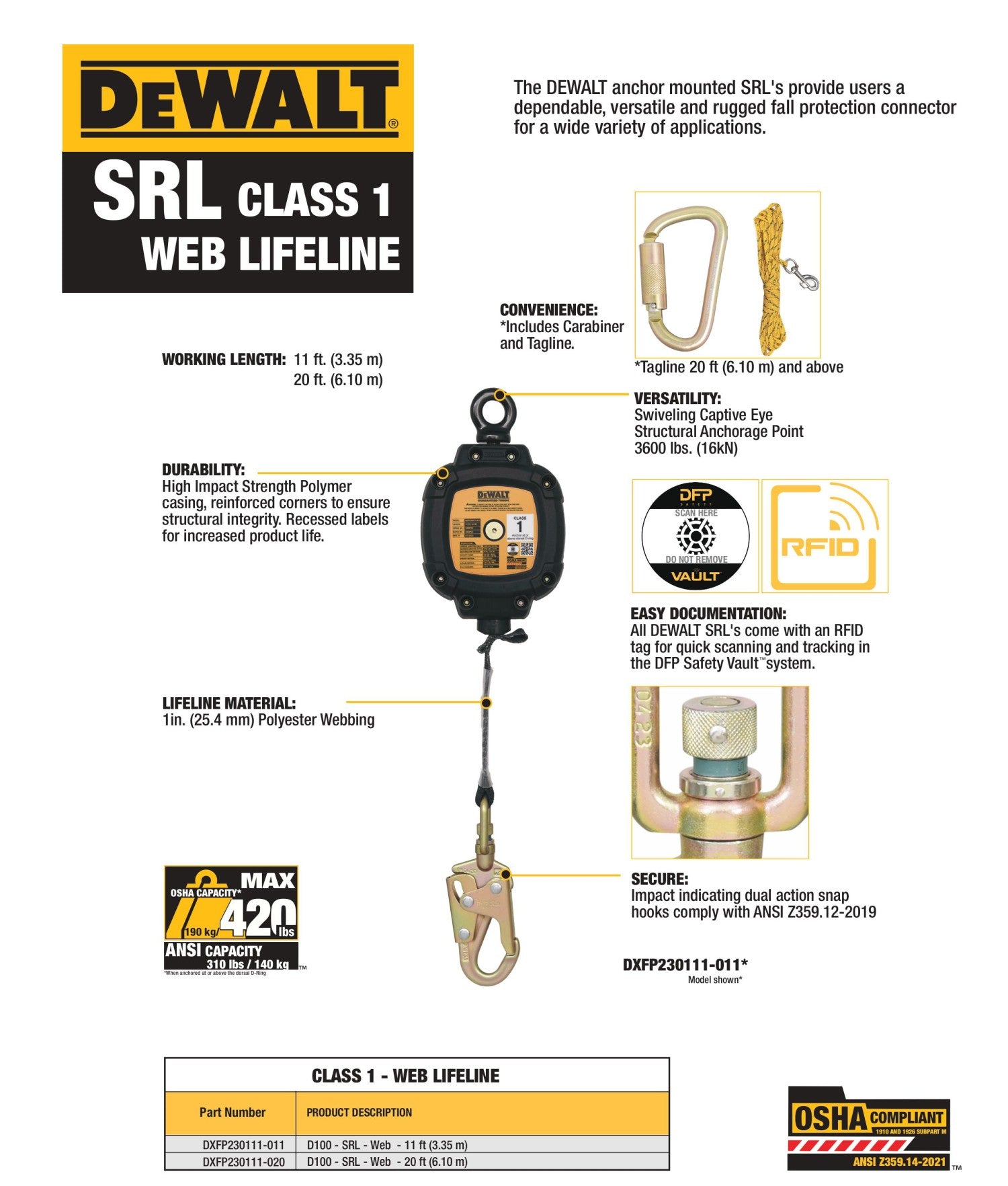 DeWALT 11 Feet Self Retracting Lifeline Web DXFP230111-011