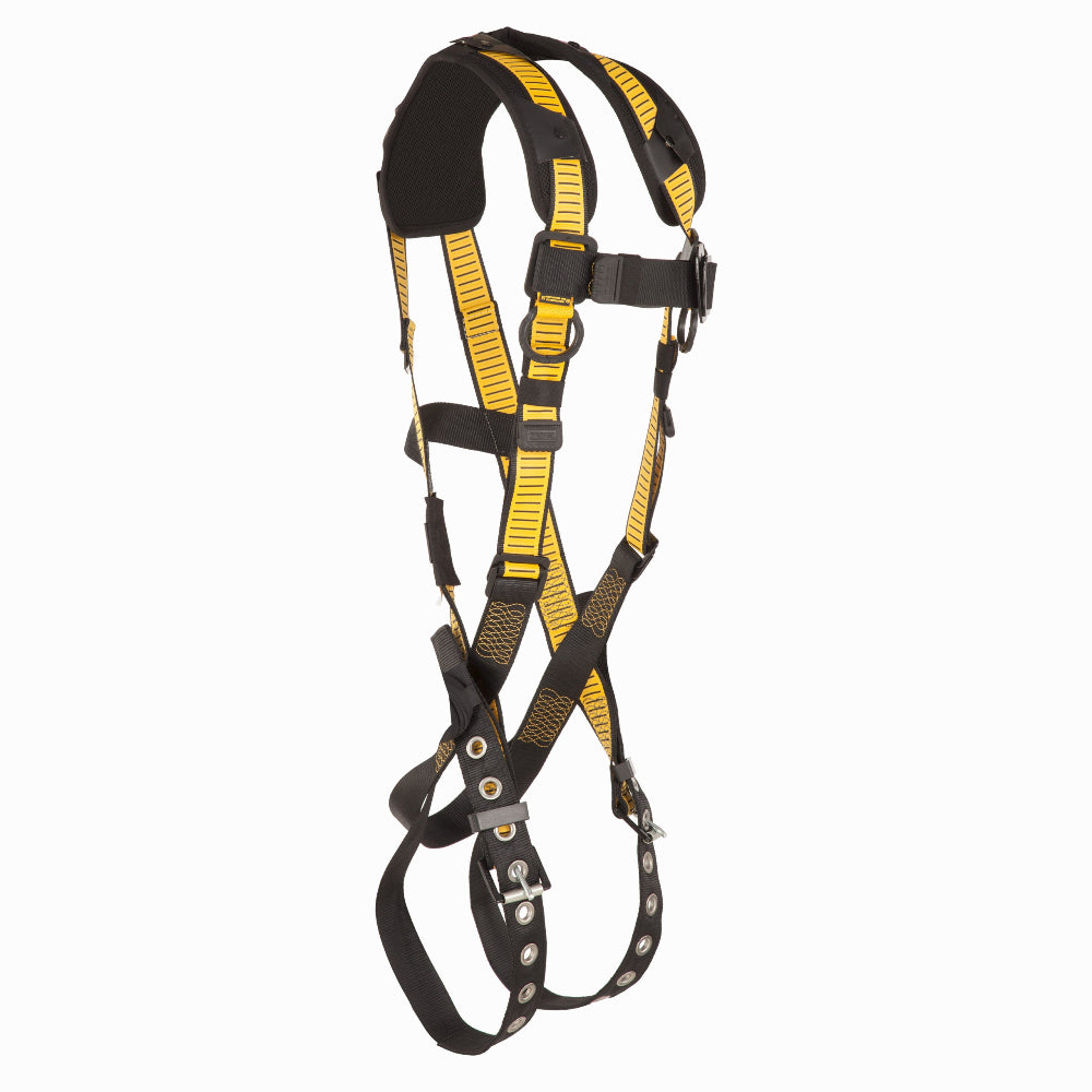 Black and yellow safety harness on a white background