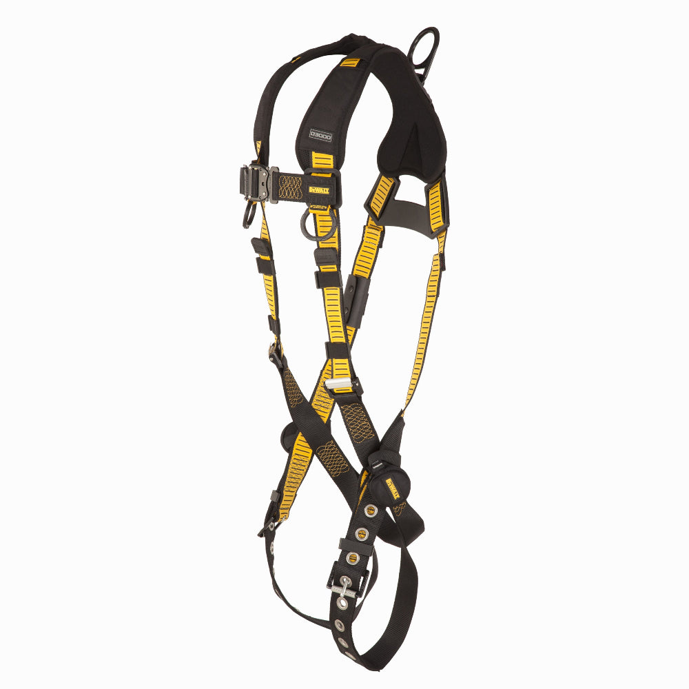 Black and yellow safety harness on a white background