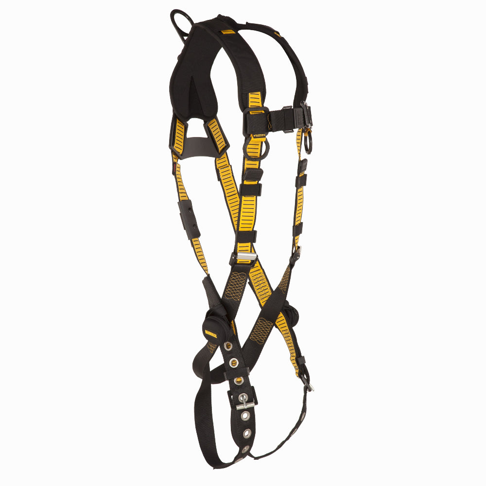Black and yellow safety harness on a white background