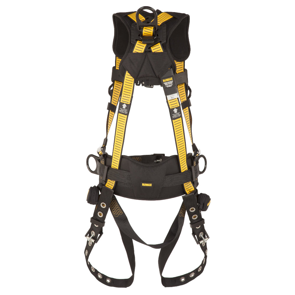 Black and yellow safety harness on a white background