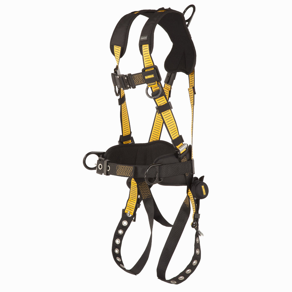 Black and yellow safety harness on a white background