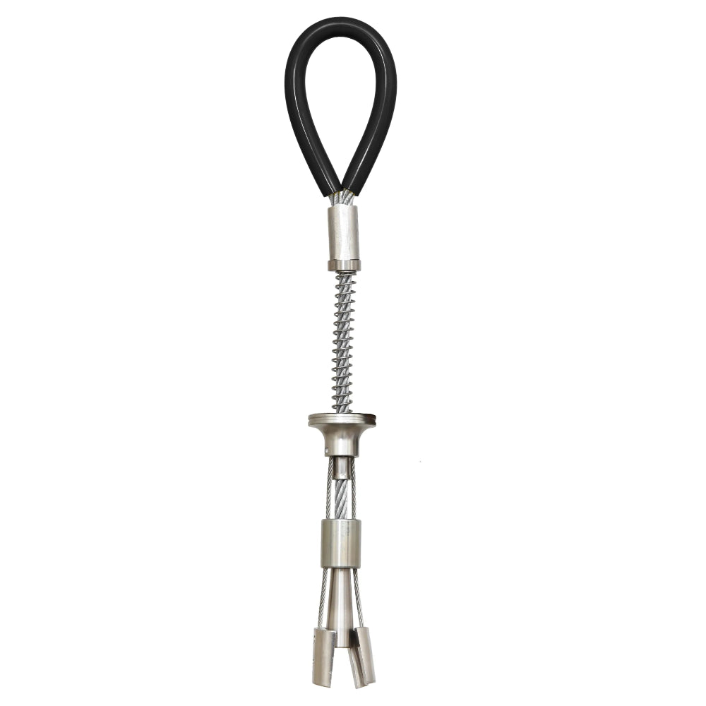 A stainless steel and black cable anchor with a spring-loaded locking mechanism, shown vertically on a plain white background.