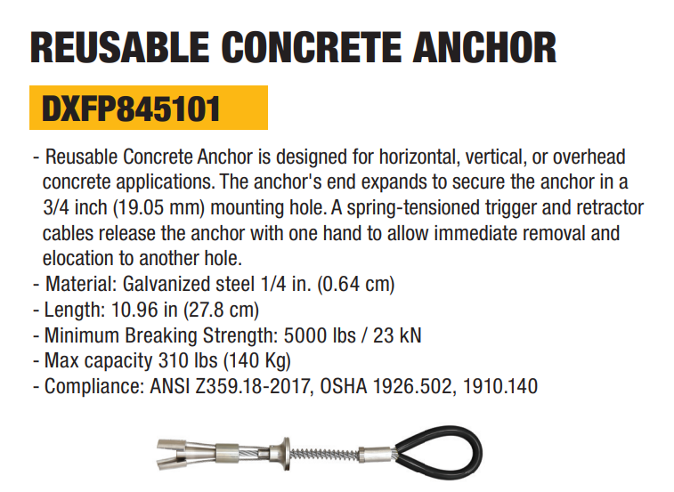 DeWALT Reusable Concrete Single Point Anchor DXFP845101
