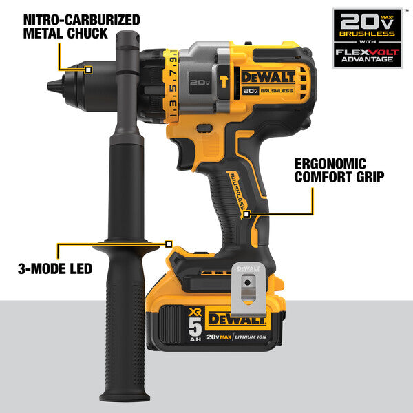 DeWalt drill with labeled features on a white background