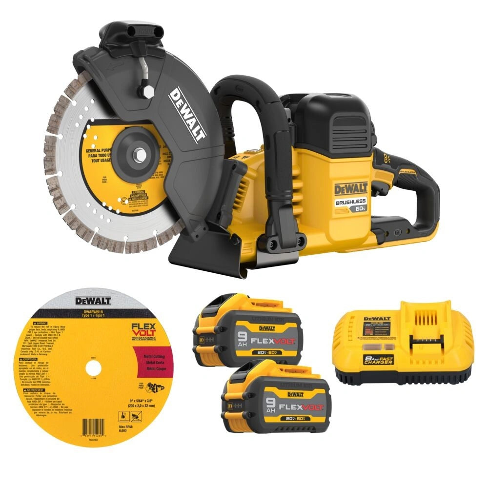 DeWALT FlexVOLT 60V MAX 9 inch Brushless Cordless Cut-Off Concrete Saw Kit, including the saw, two batteries, and a charger
