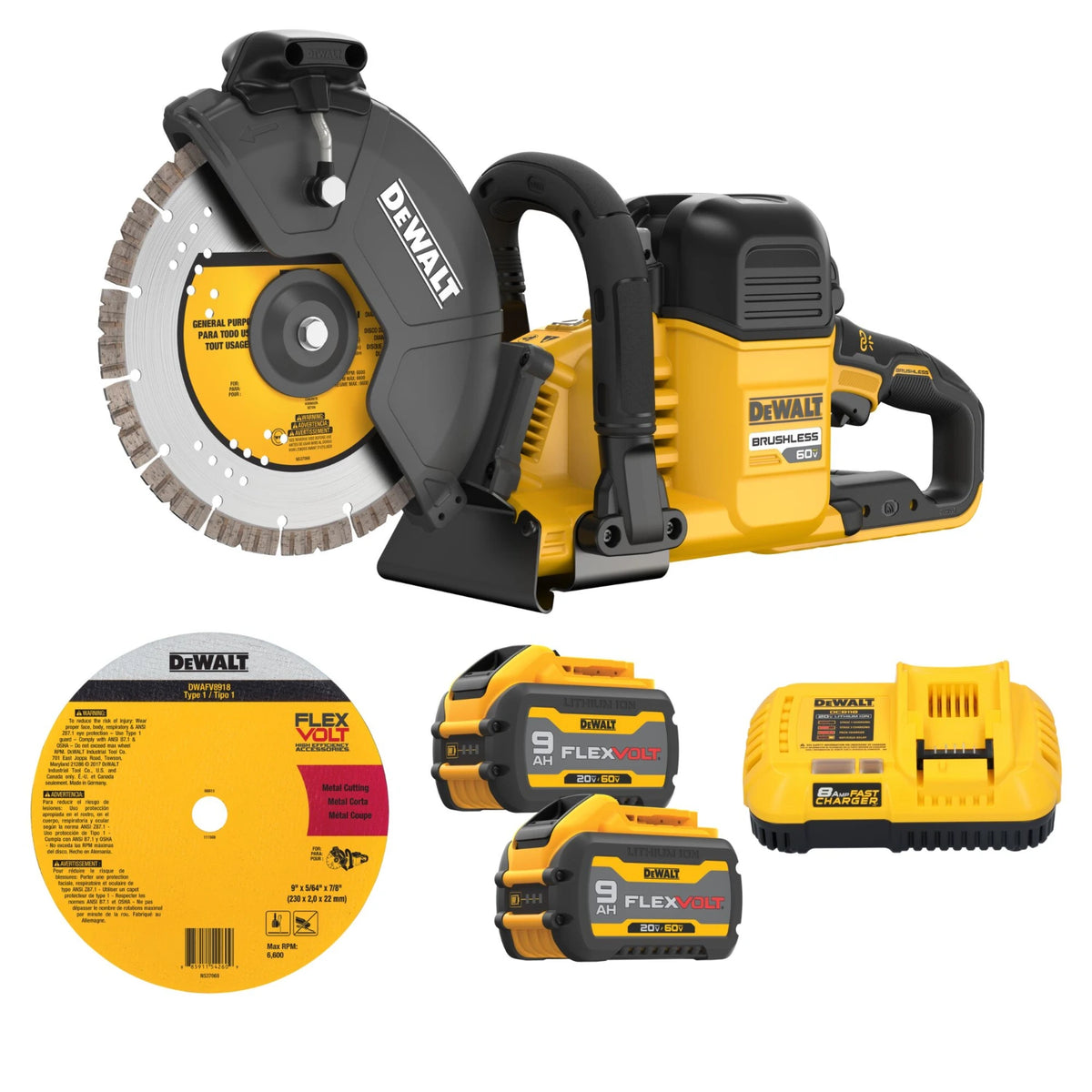 DeWALT FlexVOLT 60V MAX 9 inch Brushless Cordless Cut-Off Concrete Saw Kit, including the saw, two batteries, and a charger