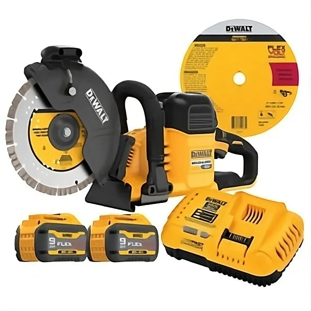 DeWALT FlexVOLT 60V MAX 9 inch Brushless Cordless Cut-Off Concrete Saw Kit, including the saw, two batteries, and a charger