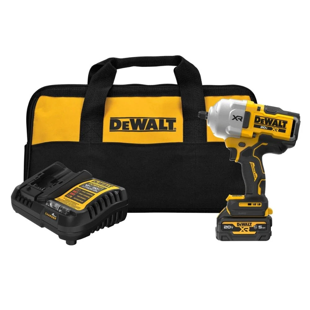 DeWalt power tool set with impact driver, battery, and charger on a white background
