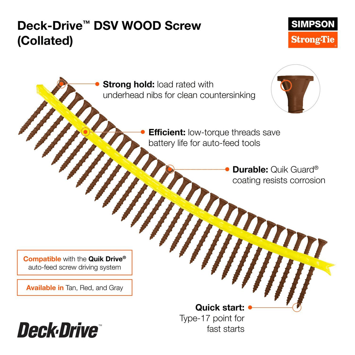 Simpson Deck-Drive DSV Collated Wood Screw #10 x 3 in. T25 6-Lobe Quik Guard Red 1000-Qty DSVR3S