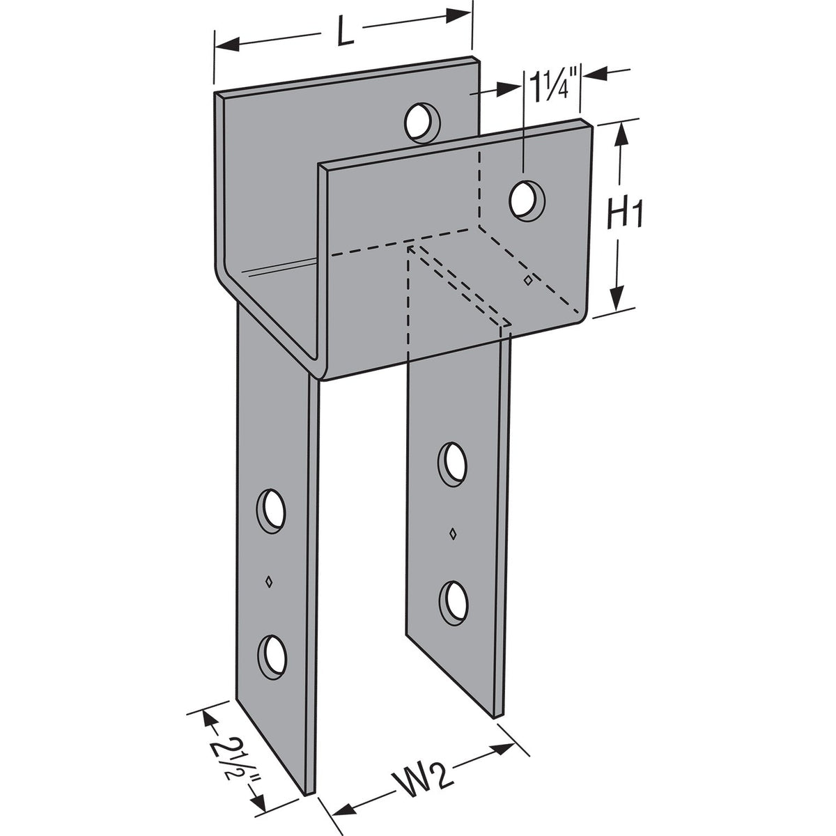 ECC Technical dimension drawing of a metal bracket or mounting plate with labeled dimensions L, H1, W2, and 2 1/2 inches, shown on a white background.