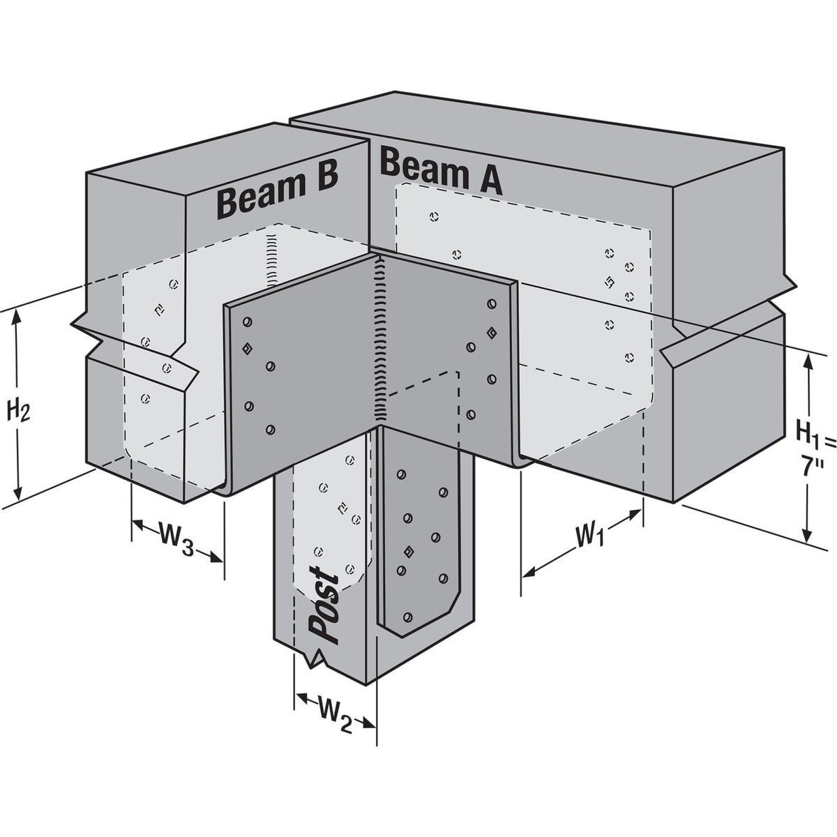 Technical diagram of a beam-to-post connection with labeled dimensions H1, H2, W1, W2, and W3, showing Beam A, Beam B, and Post in a gray isometric rendering on a white background.