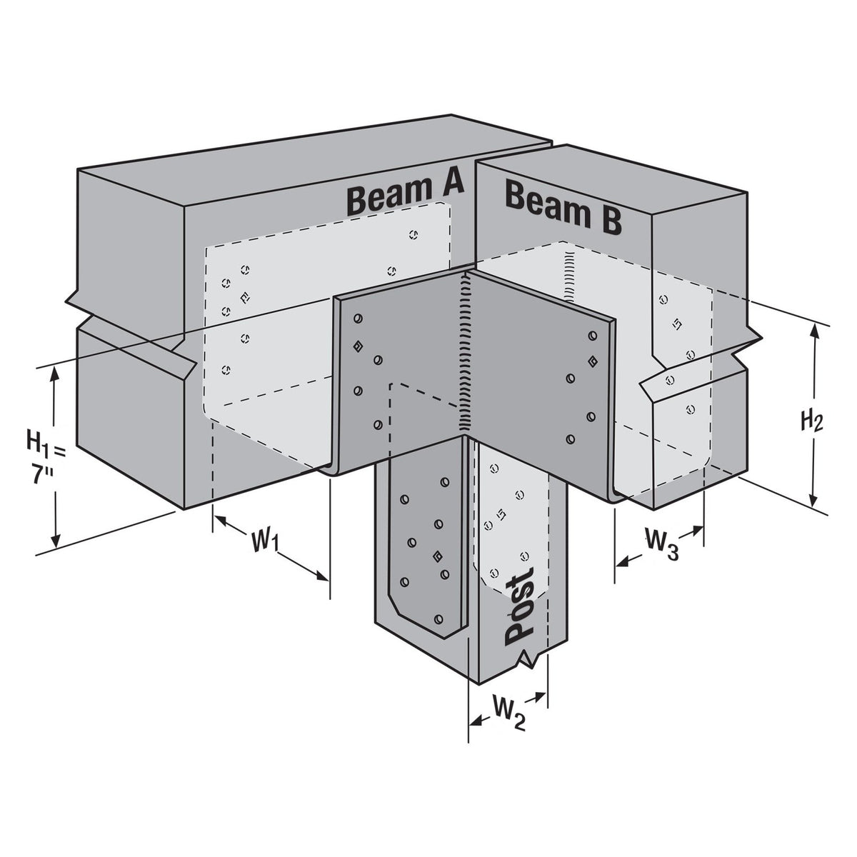 Simpson ECCLRQ3.25-4SDS L-Shape End Column Cap 3-1/4in Beam 4x Post Skewed Right 7-Ga Steel w/Screws
