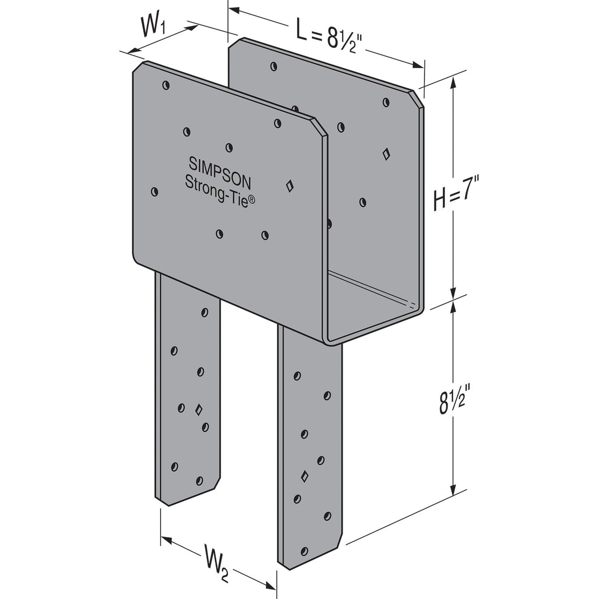 Technical dimension drawing of a Simpson Strong-Tie metal wall tie bracket on a white background, showing labeled measurements for width, height, and spacing.