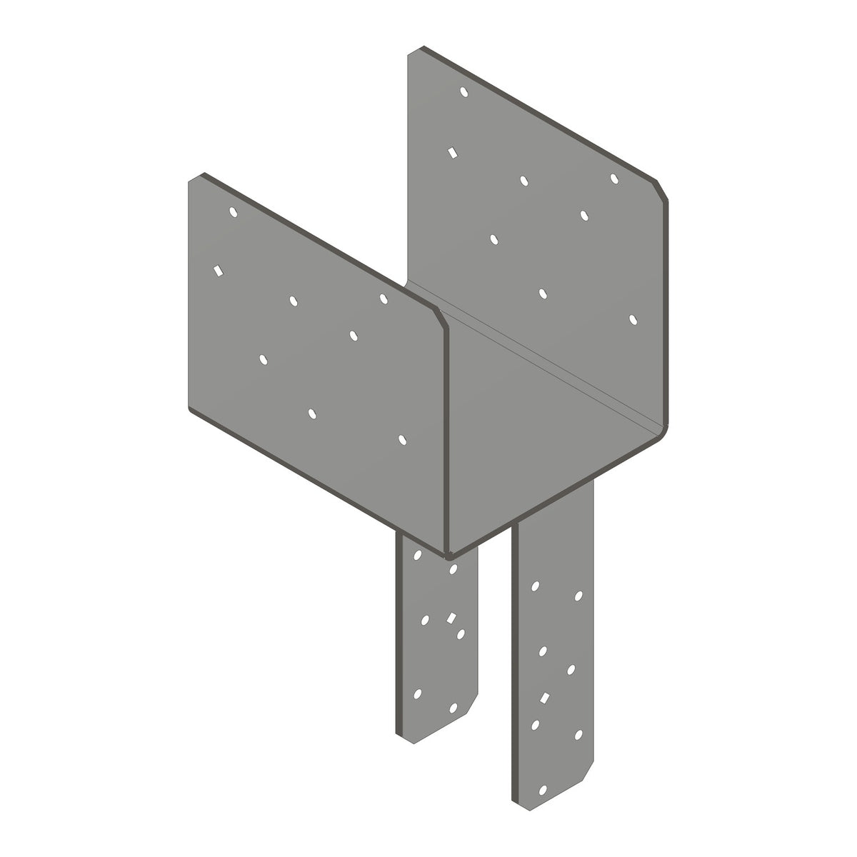 A gray metal bracket or corner support with pre-drilled holes, shown on a plain white background.