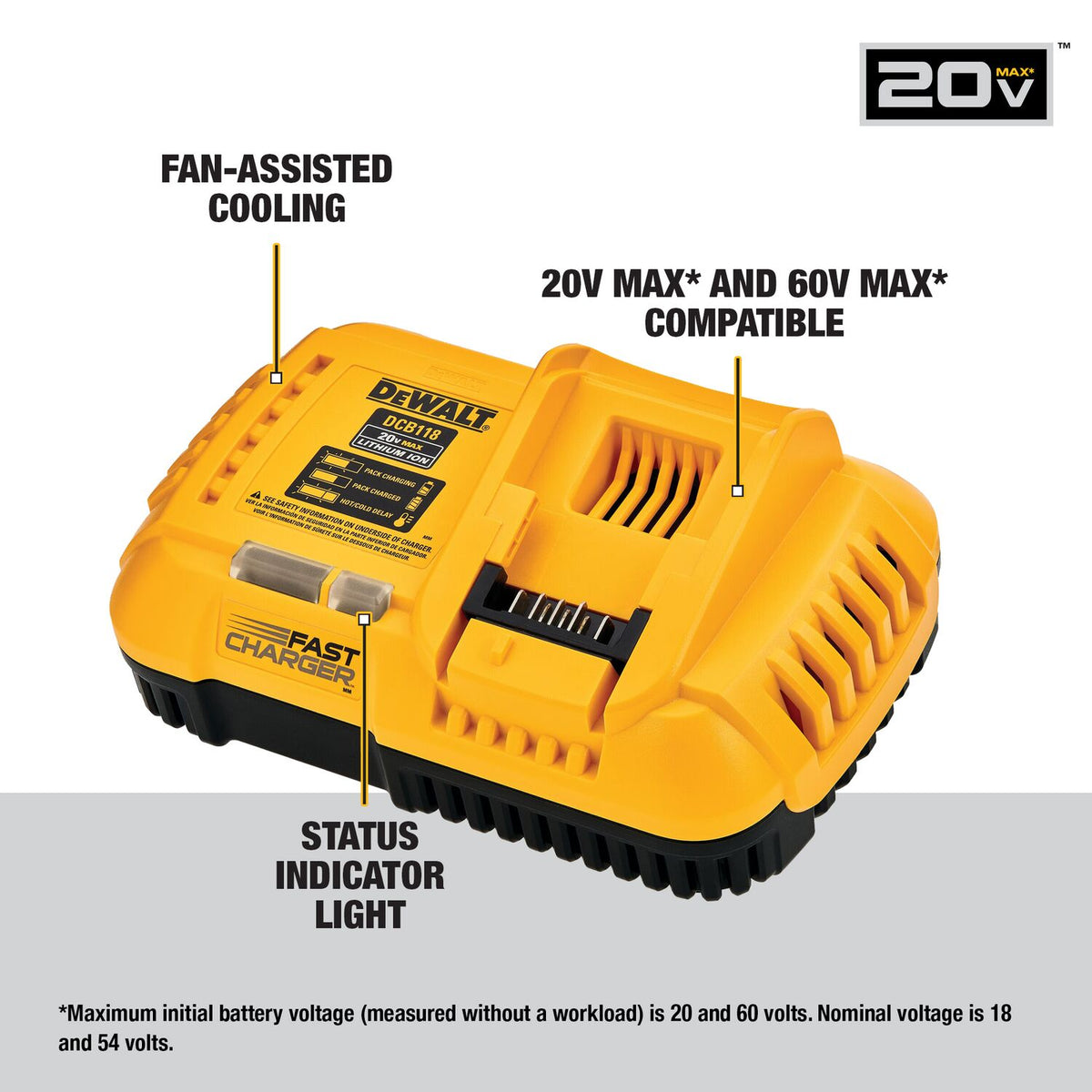 DeWALT Flexvolt 20V/60V MAX Charger, Fan Cooled Fast Charger DCB118