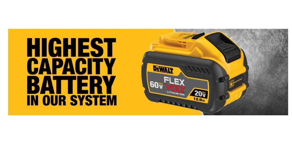 A promotional banner featuring a yellow and black DeWalt FLEX 20V 2.0Ah battery on the right, next to bold black text on a yellow background reading 'HIGHEST CAPACITY BATTERY IN OUR SYSTEM' on the left.