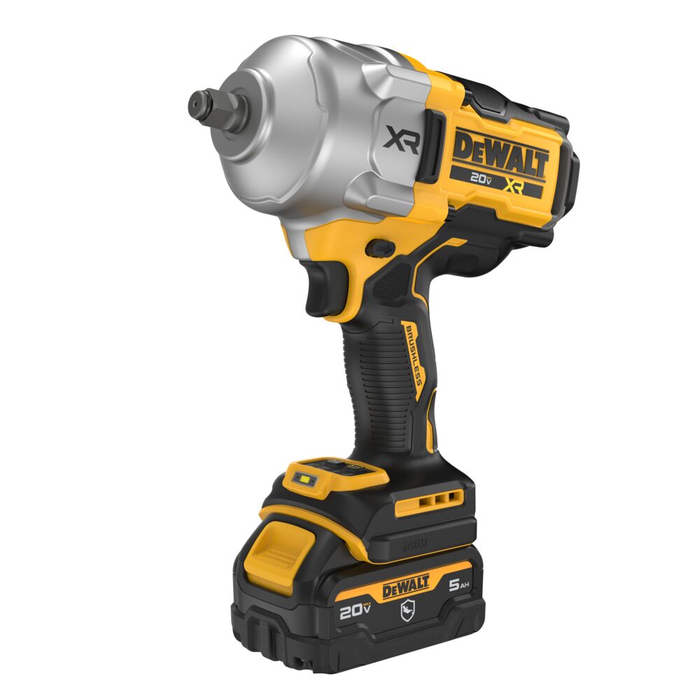 A DeWalt XR 20V cordless impact wrench with a 5.0Ah battery, shown from a three-quarters angle on a solid white background.