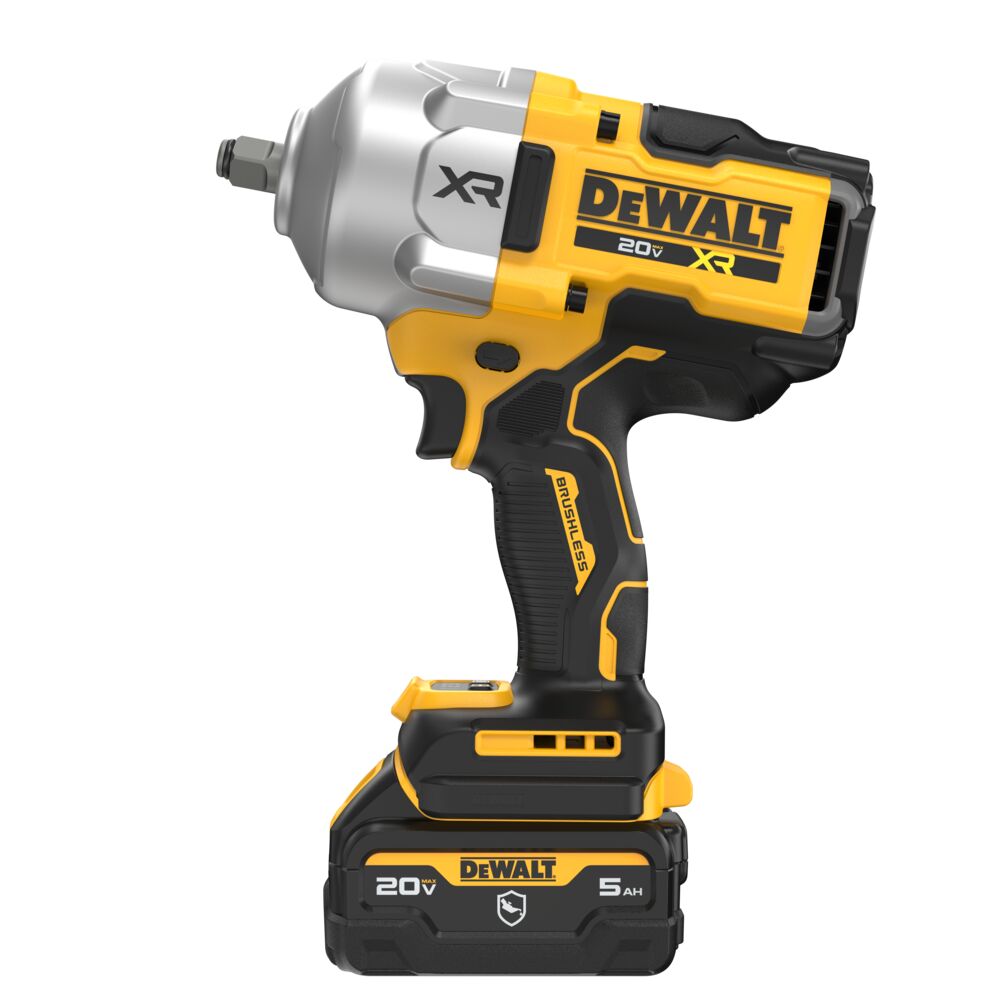 A DeWalt XR 20V cordless impact wrench with a yellow and black body, shown with its matching battery pack on a solid white background.