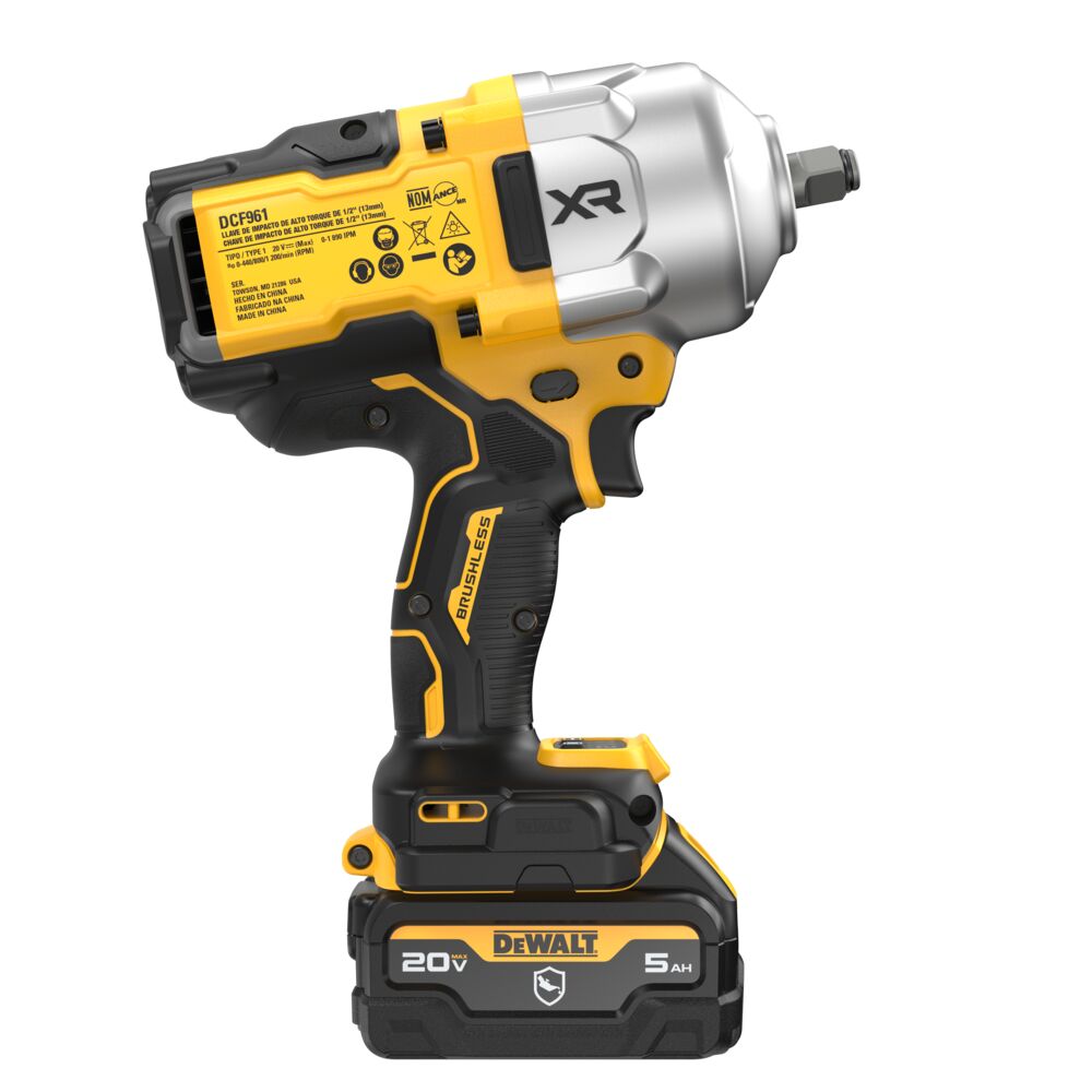 A DeWalt XR cordless impact wrench in yellow, black, and silver, shown from a three-quarter angle on a solid white background.