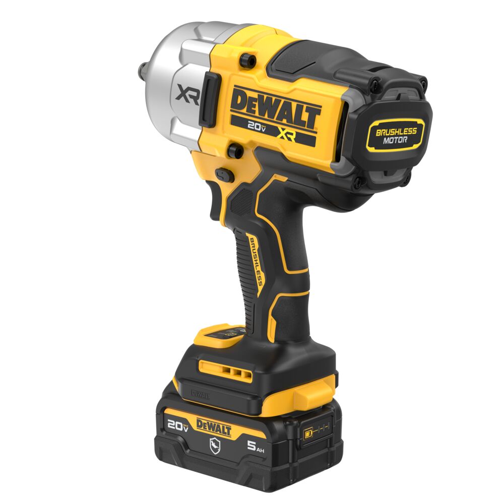 A DeWalt XR 20V cordless impact wrench with a matching 20V 5-AH battery, shown on a solid white background.