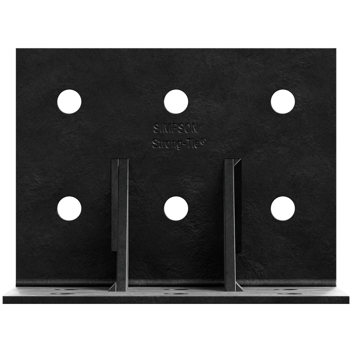 Black metal bracket with multiple holes on a black background
