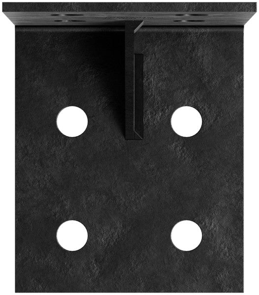 Black metal bracket with four holes on a black background