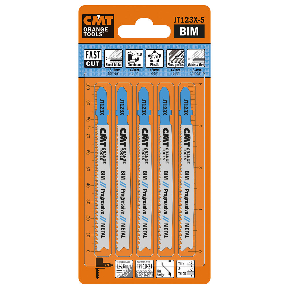 CMT JT123X-5 Jig Saw Blades Metal/Fine Straight (HSs) 4" x 10-21TPI (5-Pc)