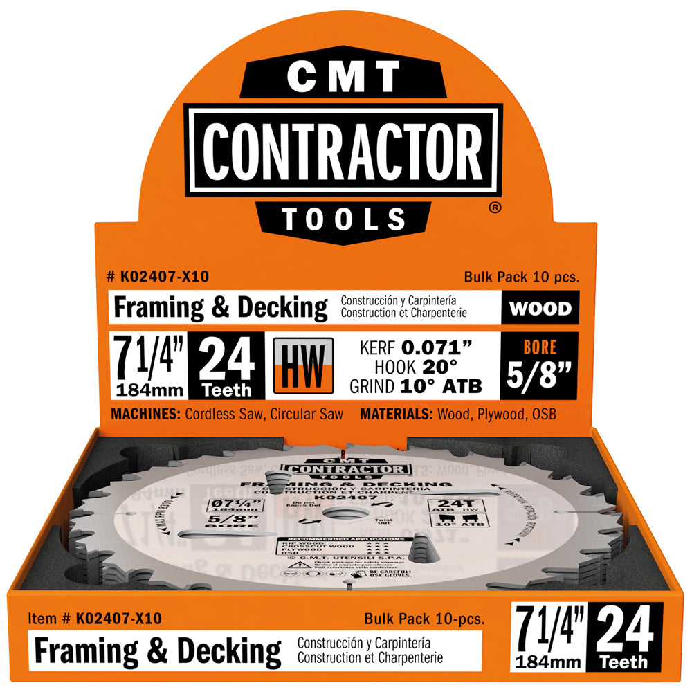 CMT K02407 ITK Contractor Saw Blade Framing/Decking 7-1/4" x 5/8" T24 ATB