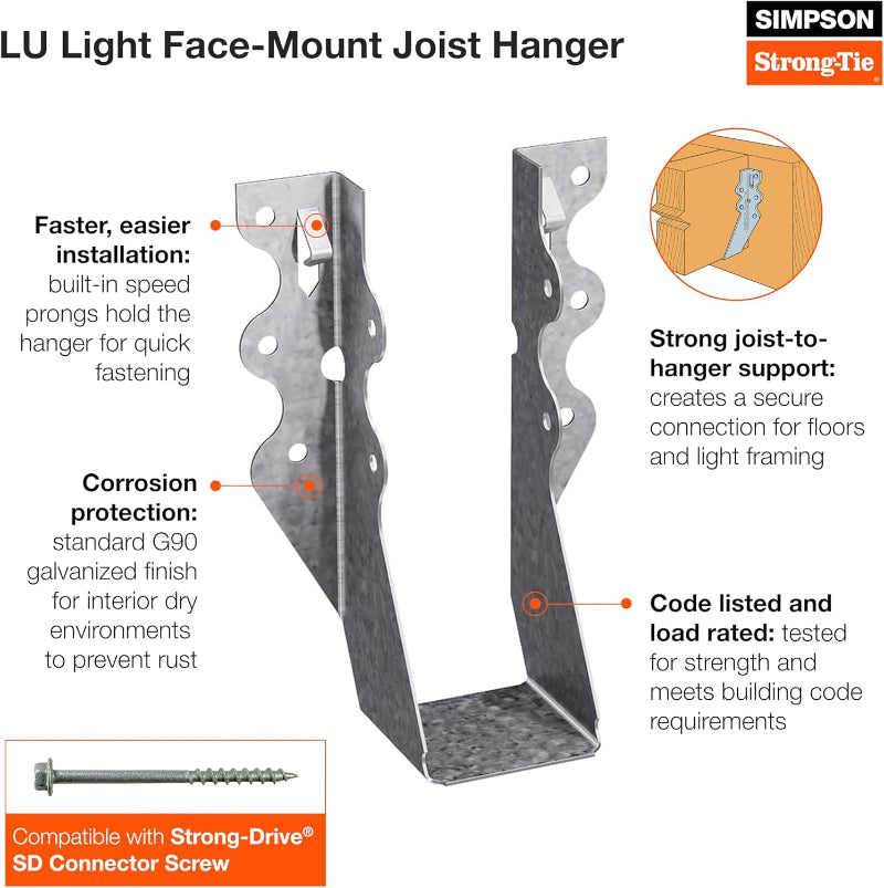 Simpson Strong-Tie LU Light Face-Mount Joist Hanger with features highlighted on a white background.