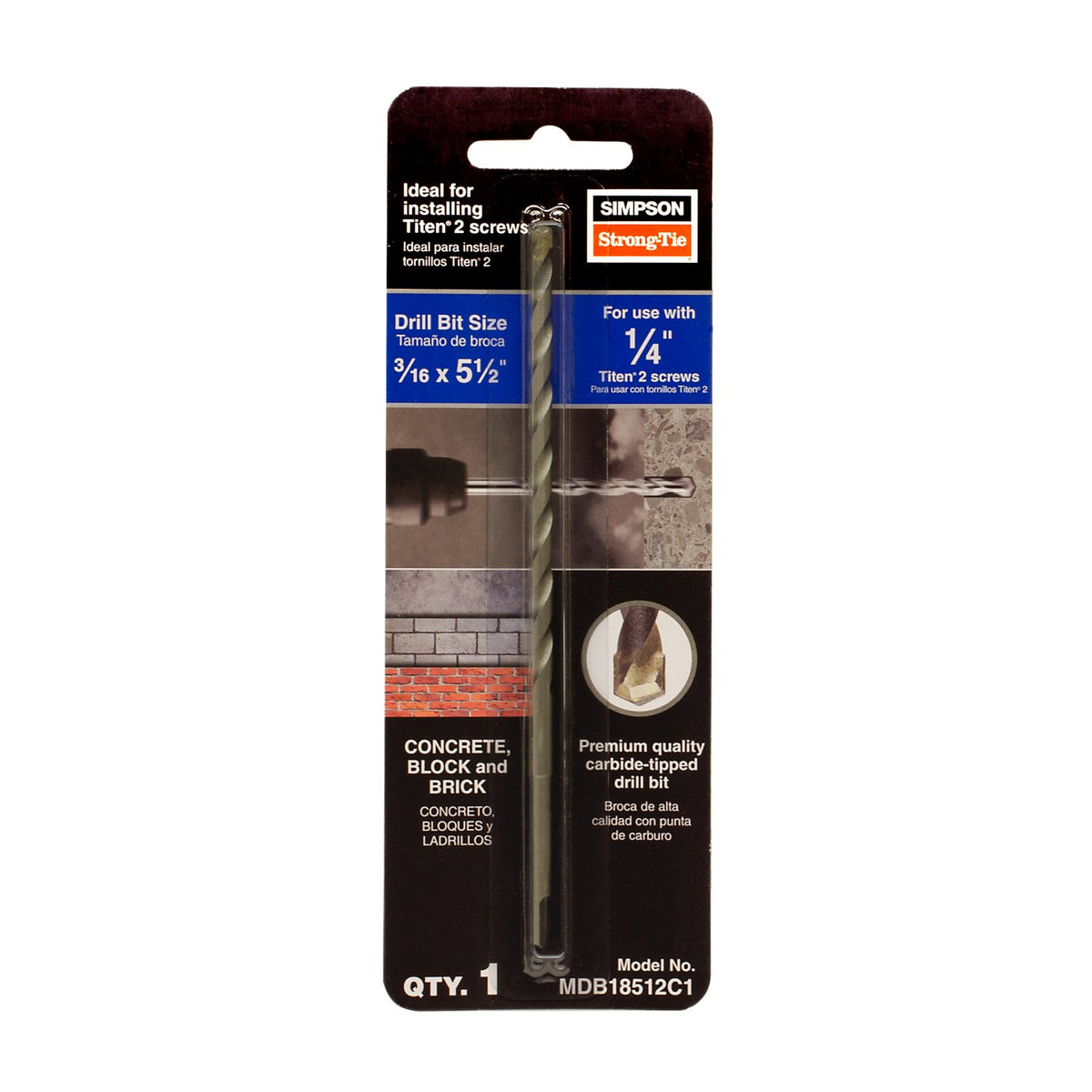 Simpson Titen Turbo Carbide-Tipped Masonry Drill Bit 3/16 in. x 5-1/2 in. MDB18512C1