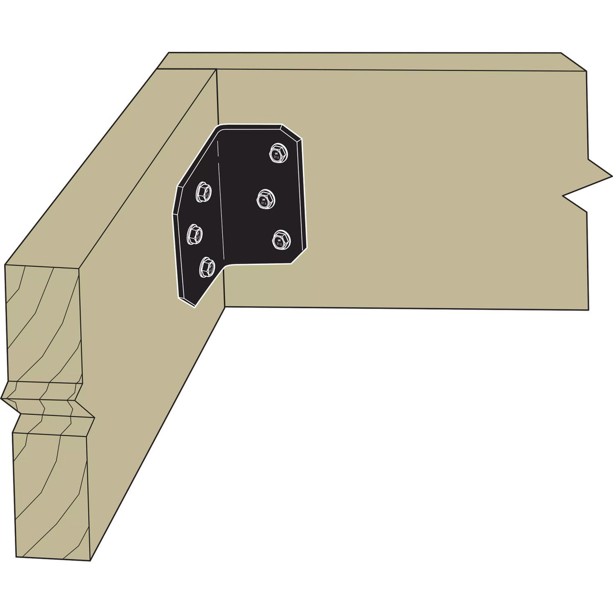 A black metal L-bracket with six visible screws, shown installed at a right angle against a tan wood corner piece on a white background.