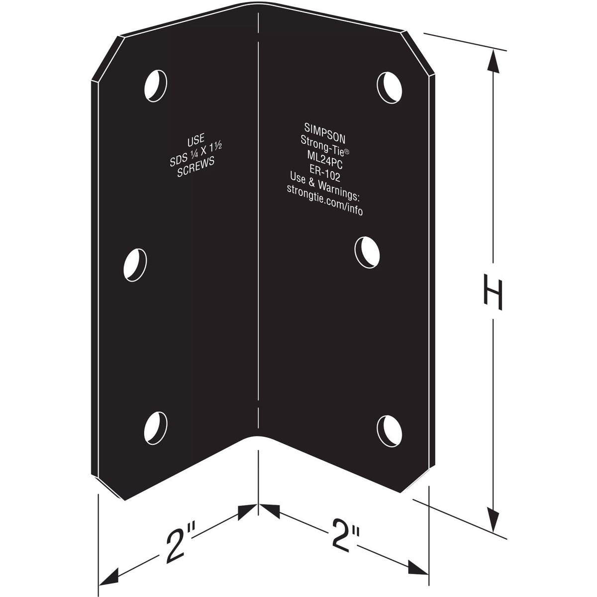 Black metal L-bracket angle joint with pre-drilled screw holes and printed Simpson Strong-Tie specifications, shown with dimension arrows labeled 2 inches and H.