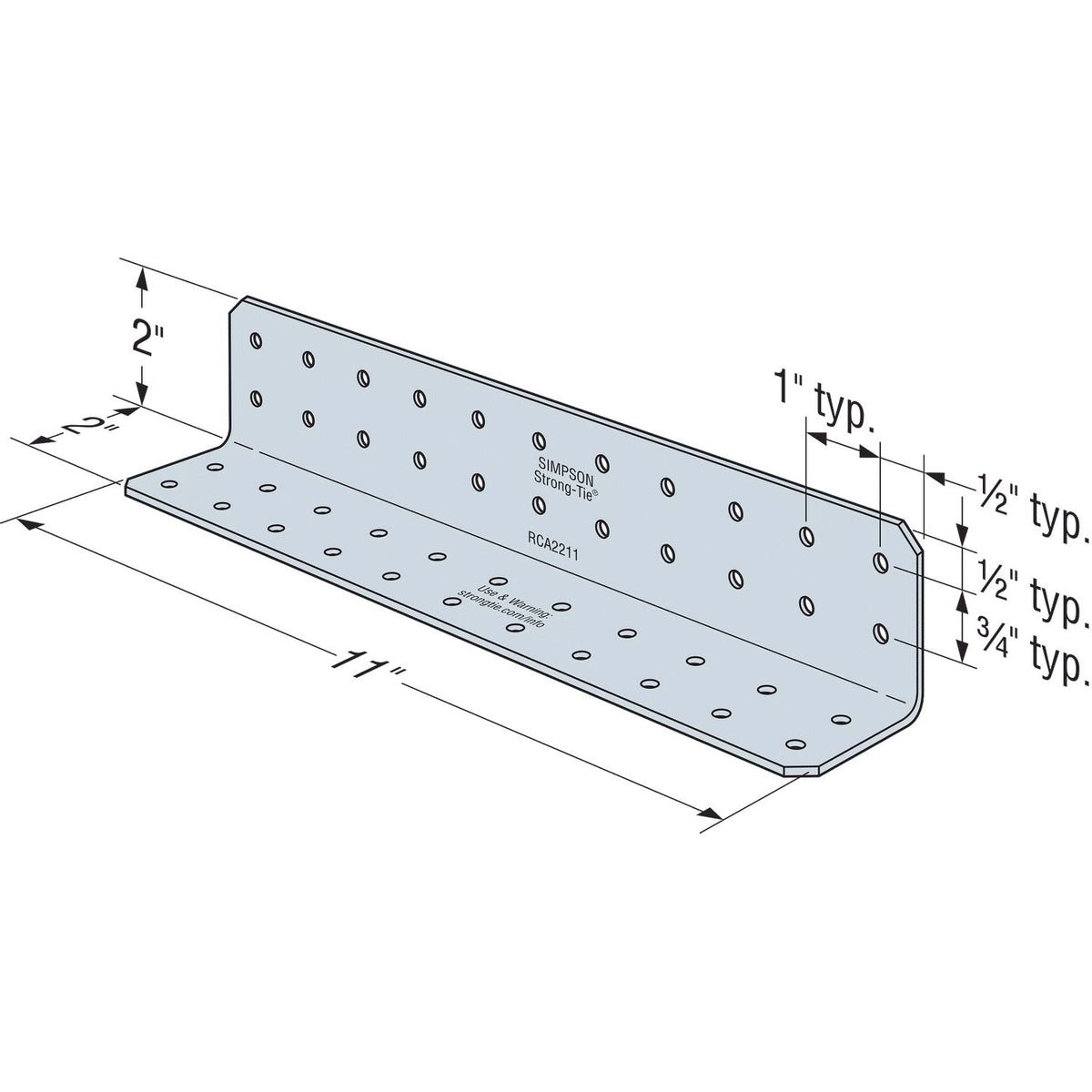 Simpson RCA2211/54 Rigid Connector Angle 2x2x11 in 16-Ga G90 Galvanized 45-Pack