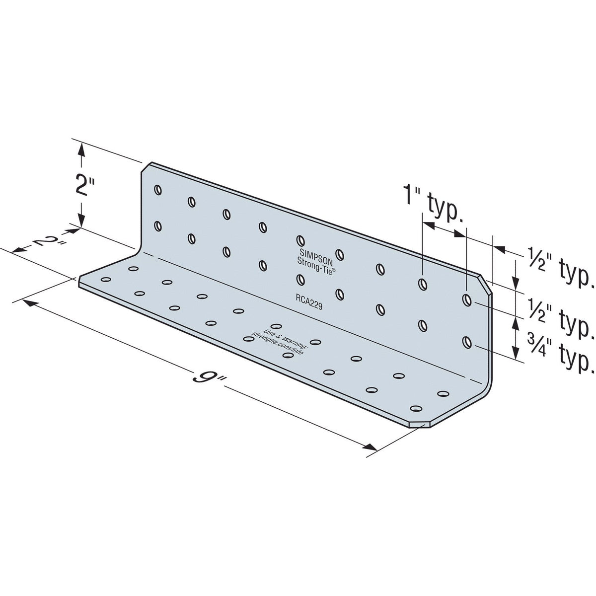 Simpson RCA229/54 Rigid Connector Angle 2x2x9 in 16-Ga G90 Galvanized Steel 50-Pack