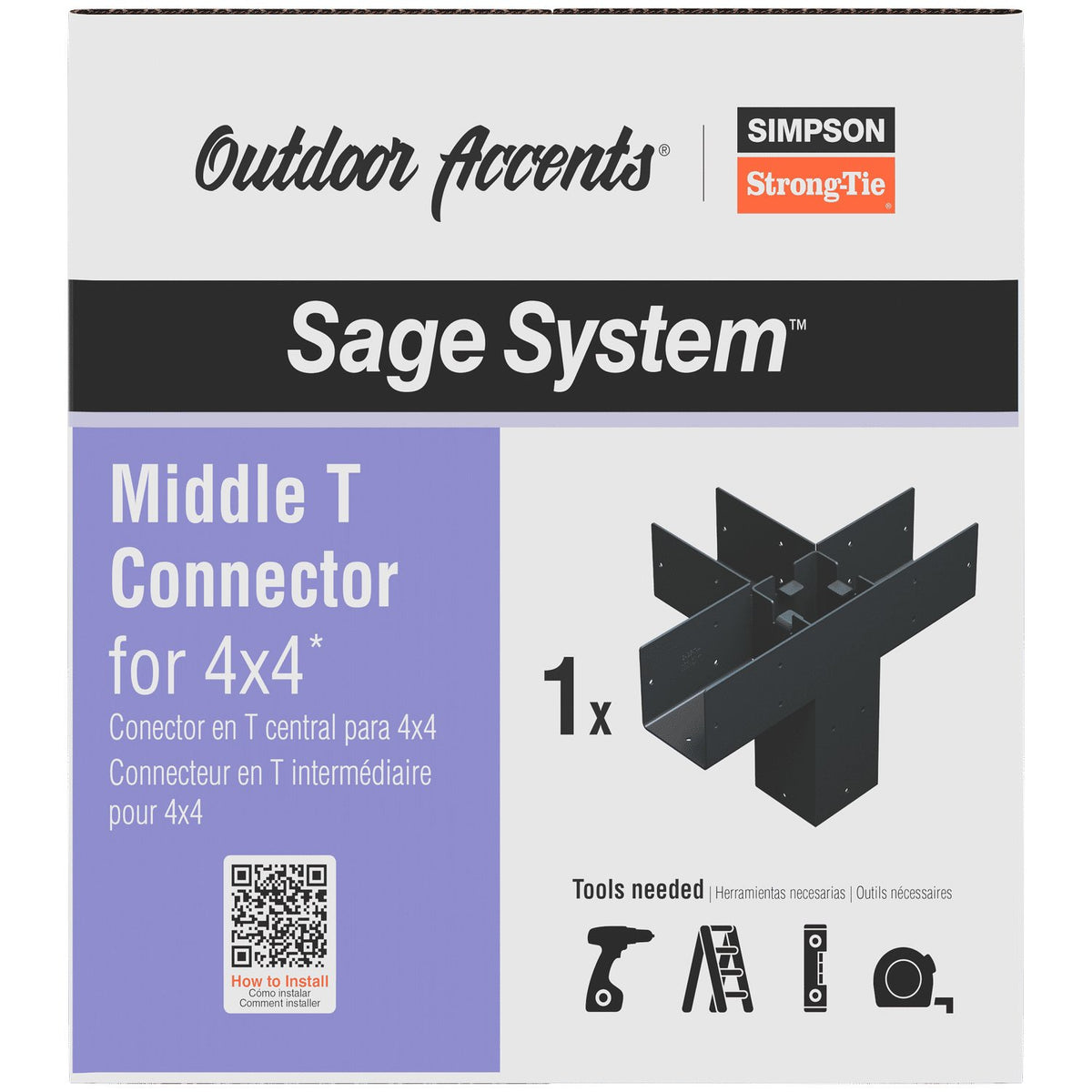 Simpson Strong-Tie Sage System Middle T Connector packaging with product details.