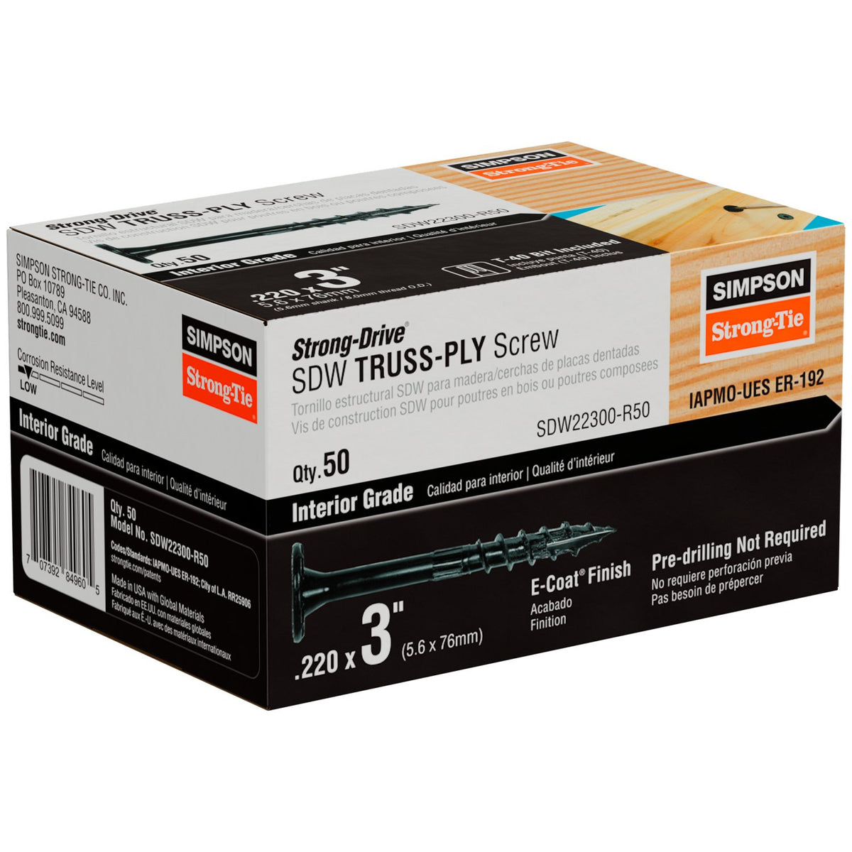 Simpson 0.220 x 3" Strong-Drive SDW TRUSS-PLY interior Wood Screw - E Coat