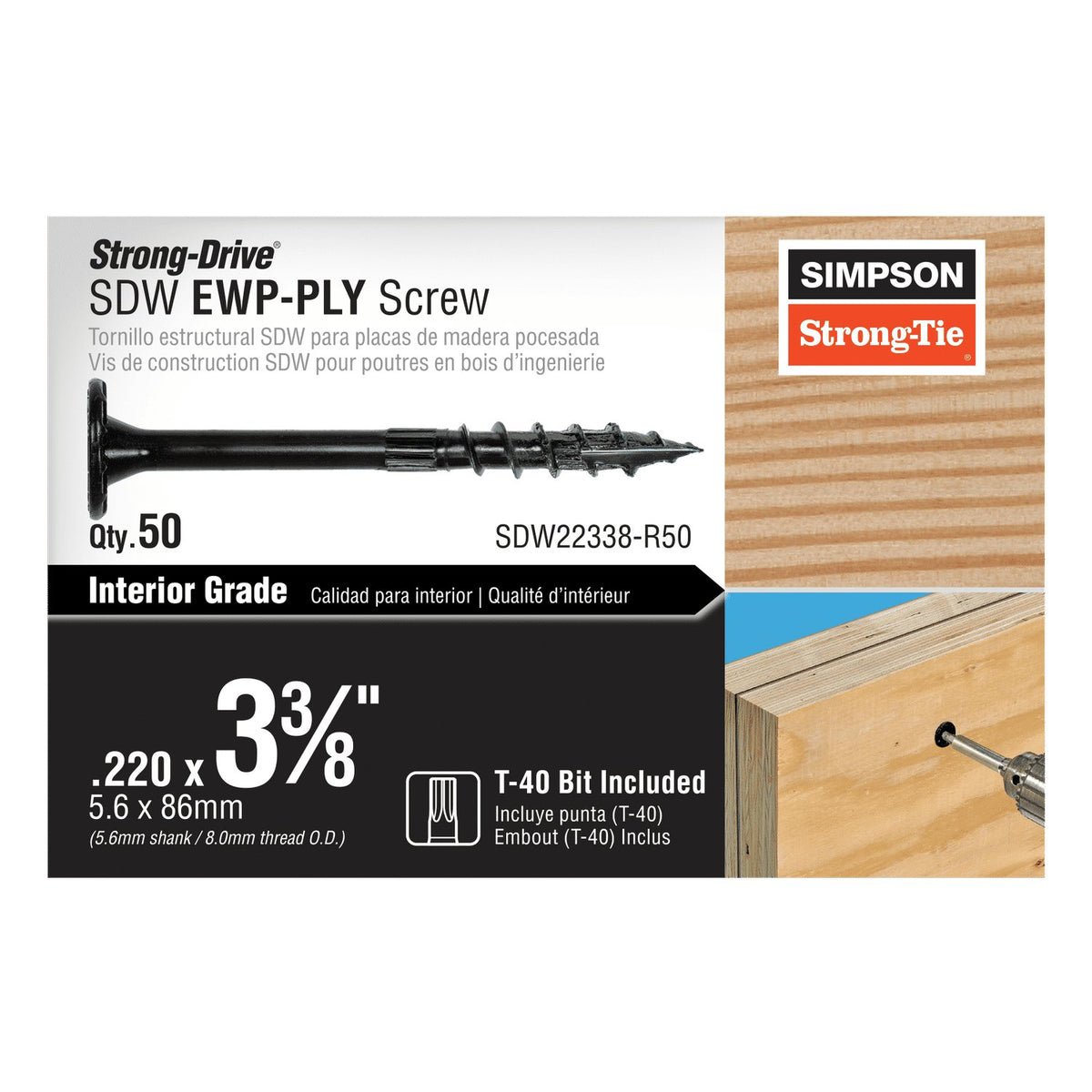 Simpson 0.220 x 3-3/8" Strong-Drive SDW EWP-PLY Interior Wood Screw, E-coat