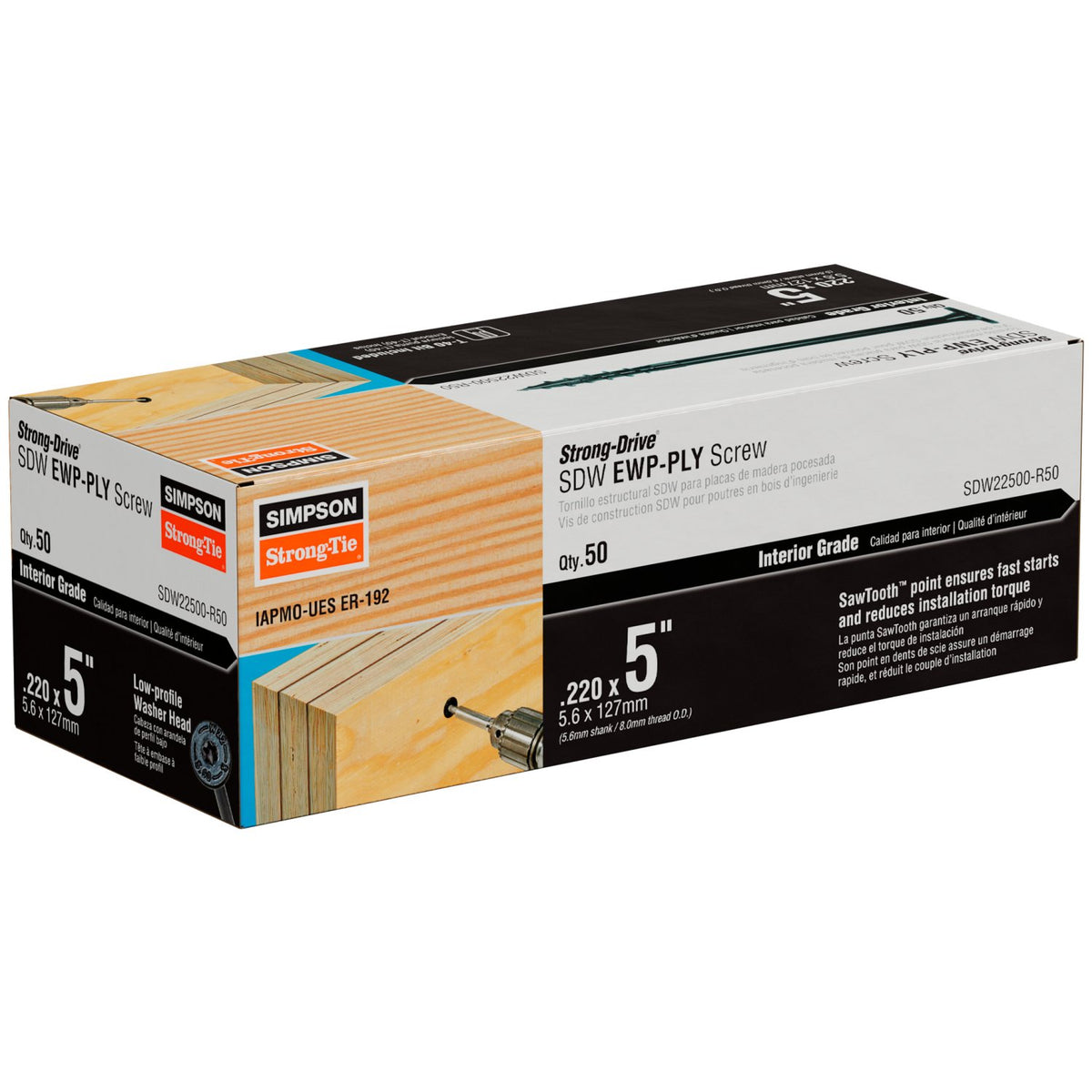 Simpson 0.220 x 5" Strong-Drive SDW EWP-PLY Interior Wood Screw, E-coat