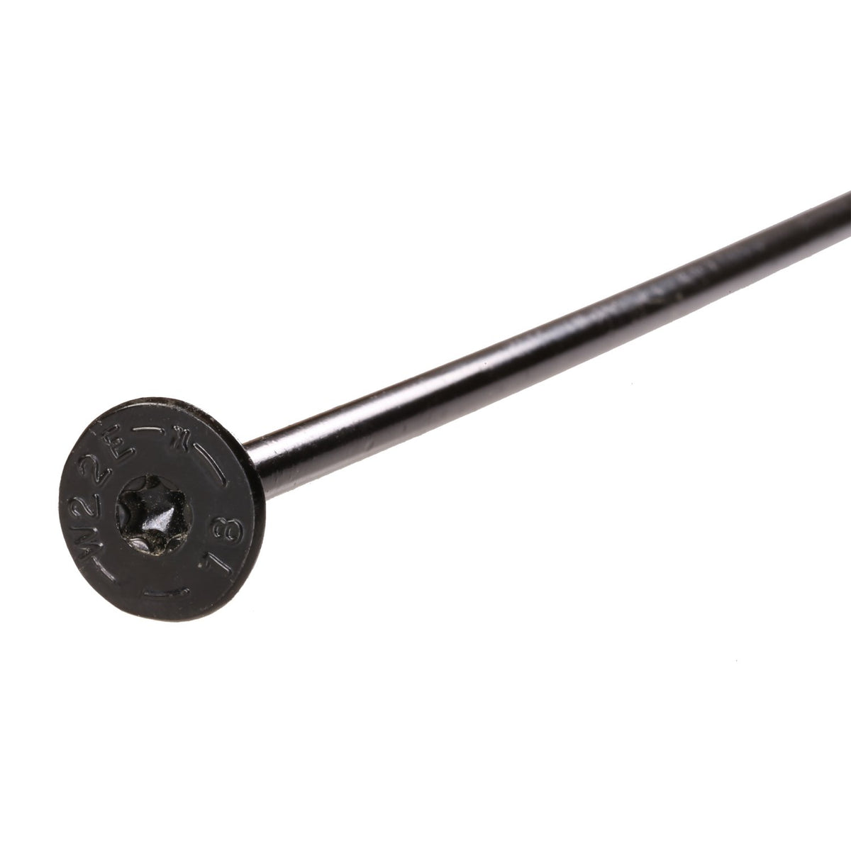 A black metal flathead screw with a star-drive head, shown diagonally on a plain white background.